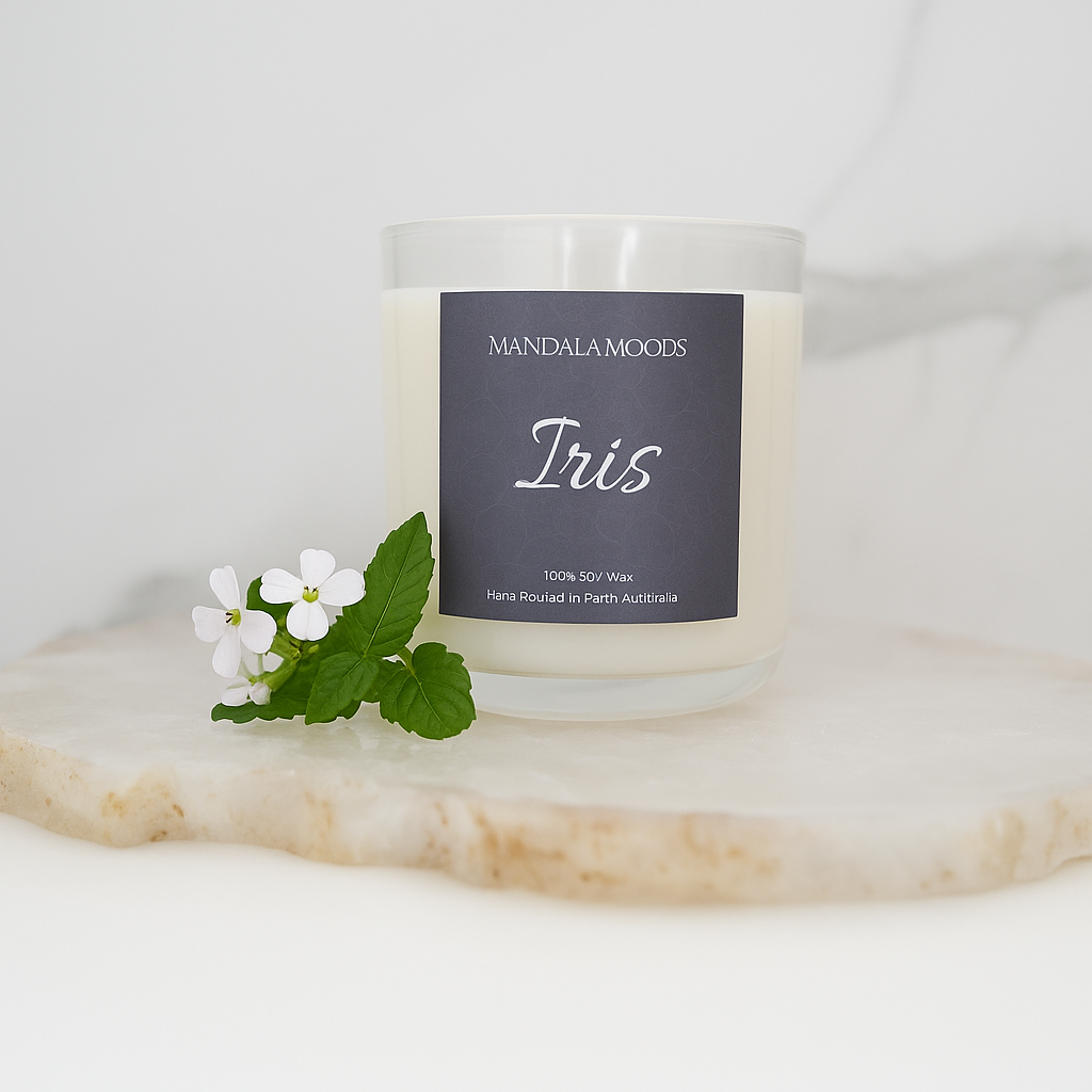 Iris - delicate jasmine petal and cannabis blossom, a candle for connection, remembrance and radiant beauty. 300ml soy wax