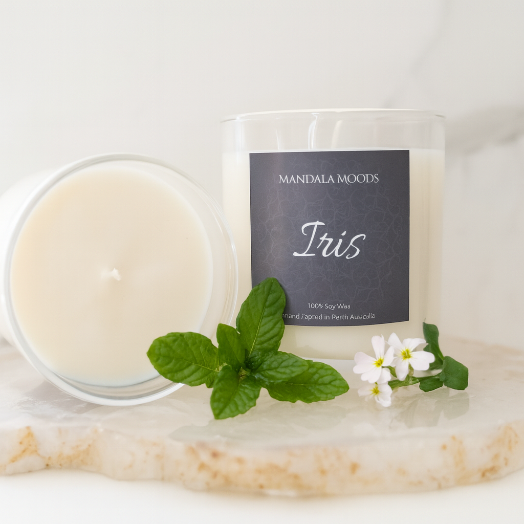 Iris - delicate jasmine petal and cannabis blossom, a candle for connection, remembrance and radiant beauty. 300ml soy wax