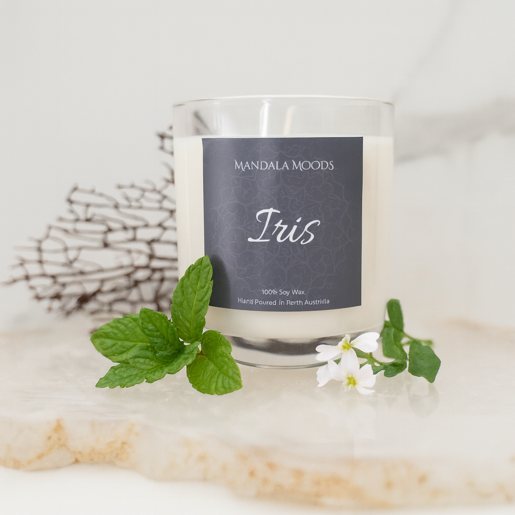 Iris - delicate jasmine petal and cannabis blossom, a candle for connection, remembrance and radiant beauty. 300ml soy wax