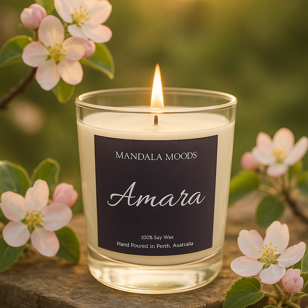 Amara - crisp apple blossom, damask rose and creamy coconut milk evoke connection, flourishing abundance and rebirth. 300ml soy wax