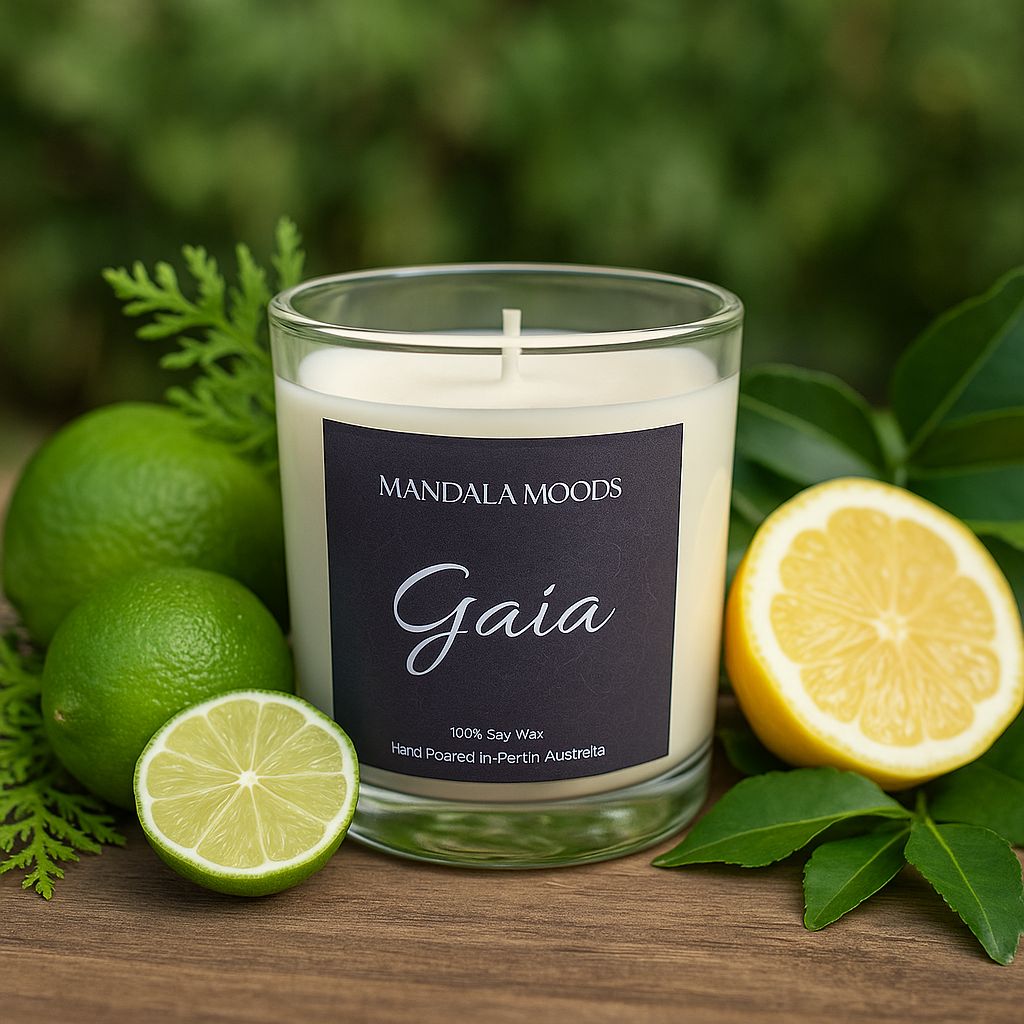Gaia - freshly picked lemon, Persian lime, and coriander awaken the senses and renew the spirit. 300ml soy wax