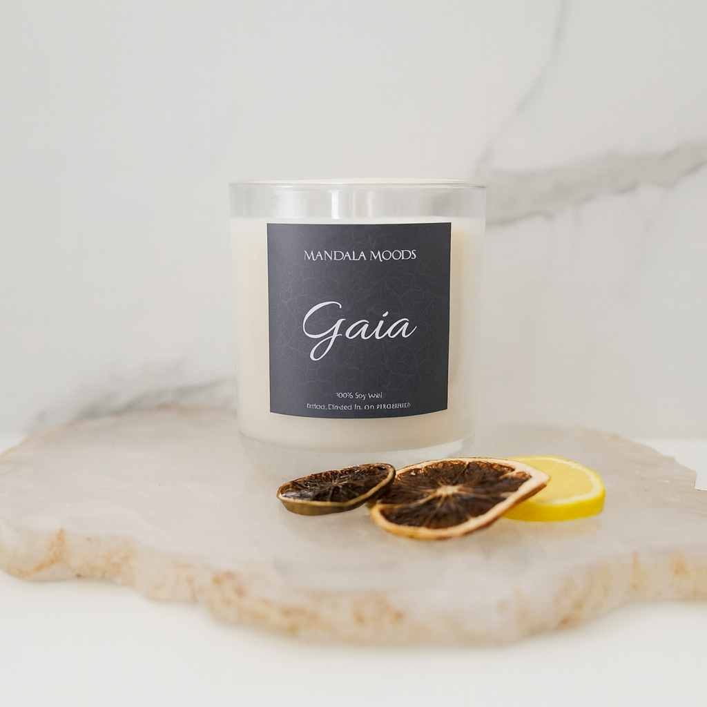 Gaia - freshly picked lemon, Persian lime, and coriander awaken the senses and renew the spirit. 300ml soy wax