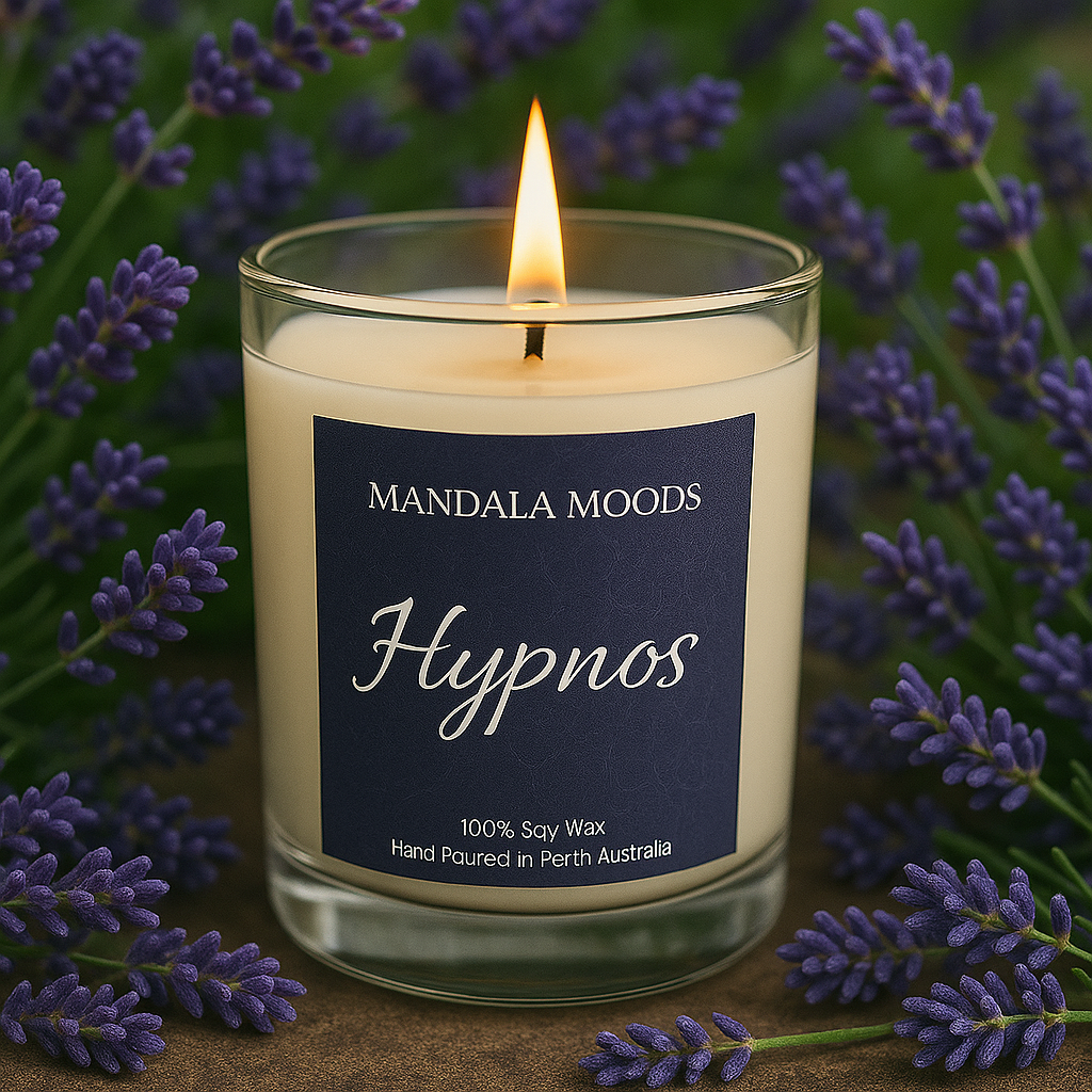 Hypnos - French lavender, crisp bergamot and chamomile the perfect fragrance slow evenings, relaxation and drifting peacefully to sleep. 300ml soy wax