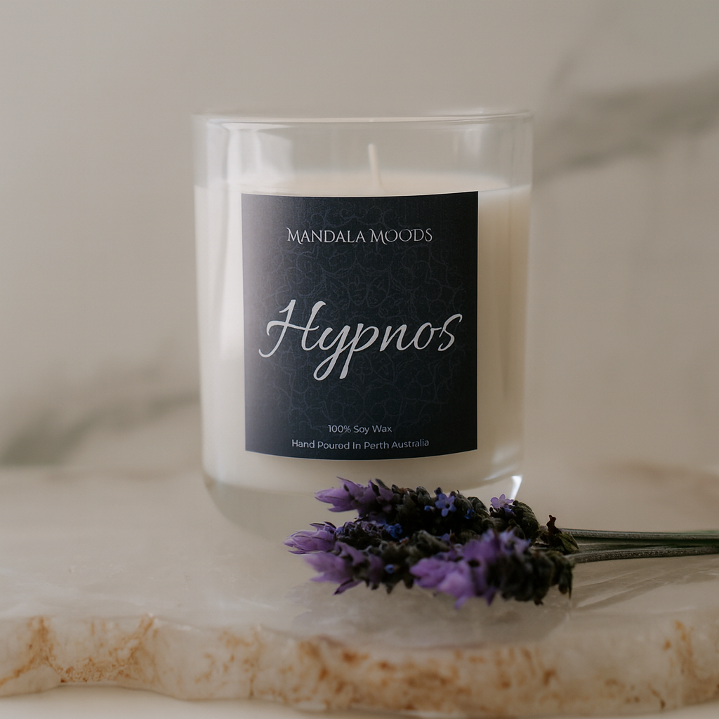 Hypnos - French lavender, crisp bergamot and chamomile the perfect fragrance slow evenings, relaxation and drifting peacefully to sleep. 300ml soy wax