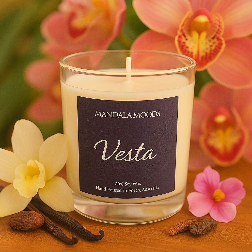 Vesta - where warmth and soft fragrances of vanilla bean and musk meet the divine feminine. 300ml soy candle
