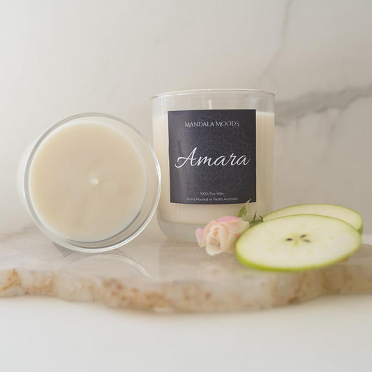 Amara - crisp apple blossom, damask rose and creamy coconut milk evoke connection, flourishing abundance and rebirth. 300ml soy wax