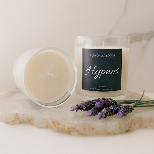 Hypnos - French lavender, crisp bergamot and chamomile the perfect fragrance slow evenings, relaxation and drifting peacefully to sleep. 300ml soy wax