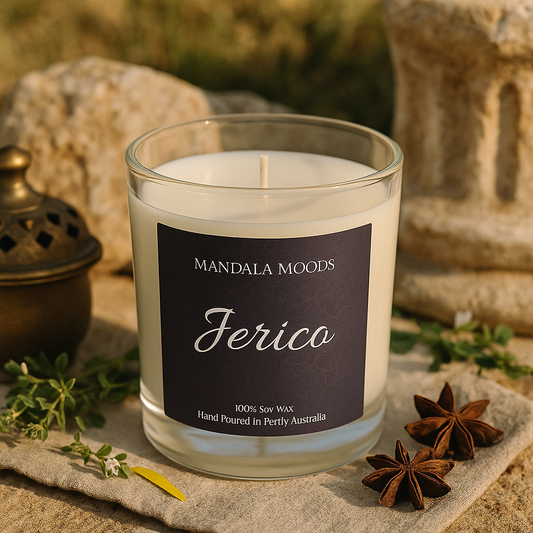 Jerico - a sensual fragrance of musk's and Egyptian spices for magic, moonlight, and moments that deserve to glow. 300ml soy wax