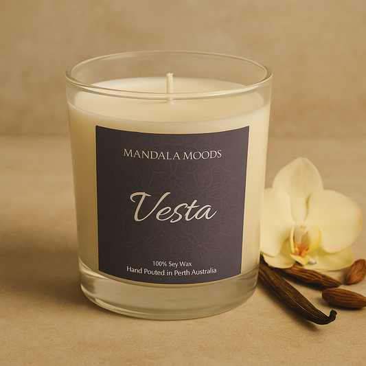 Vesta -  where warmth and soft fragrances of vanilla bean and musk meet the divine feminine. 300ml soy candle